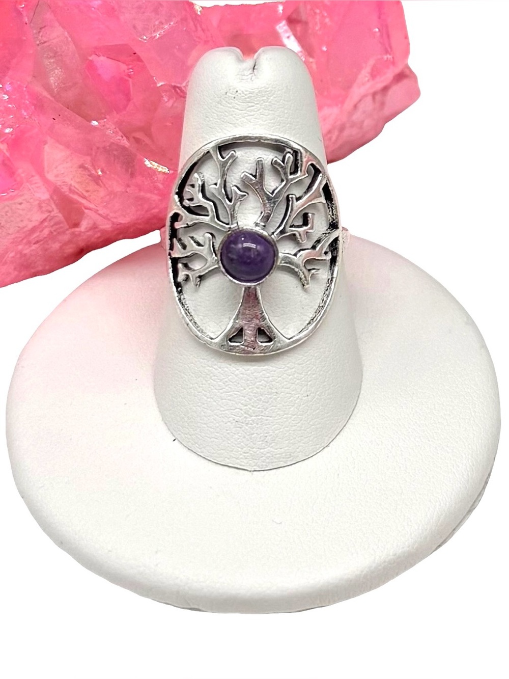 Amethyst Tree of Life Ring Size 7 925 Sterling Silver Overlay